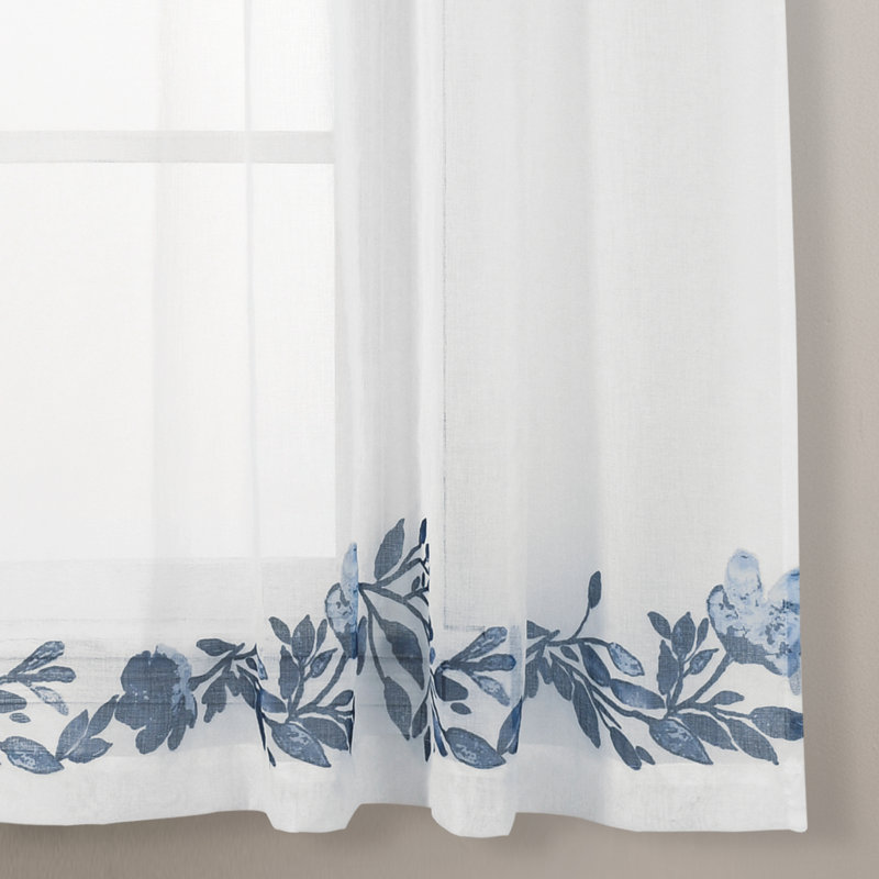 Navy Floral Sheer Polyester Window Curtain Panels