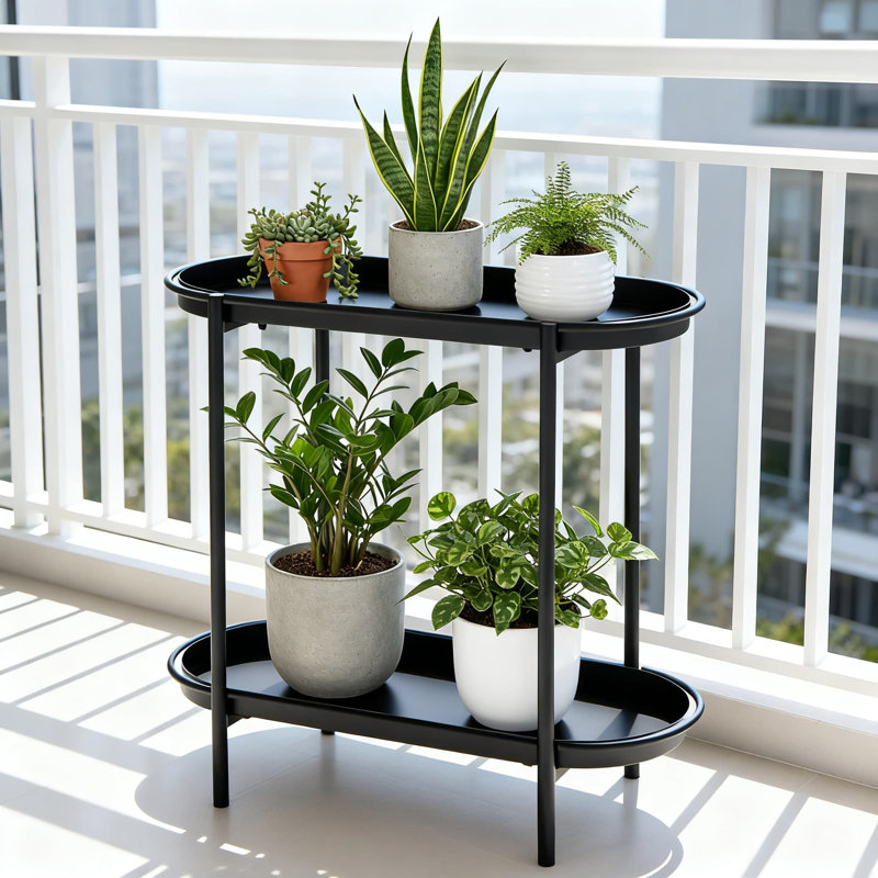 Support pour plante en métal à 2 niveaux avec plateaux ovales, support de rangement intérieur pour les plantes, les décorations et les petits meubles