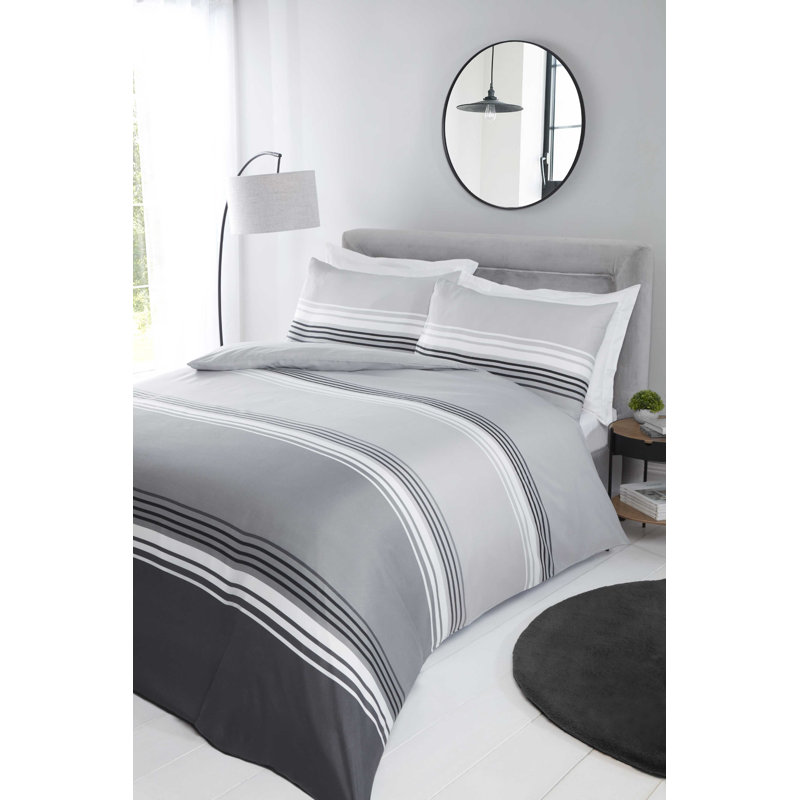 Southsea Polyester Striped Duvet Cover with Pillowcases Included, Grey, Single Duvet Cover + 1 Standard Pillowcase
