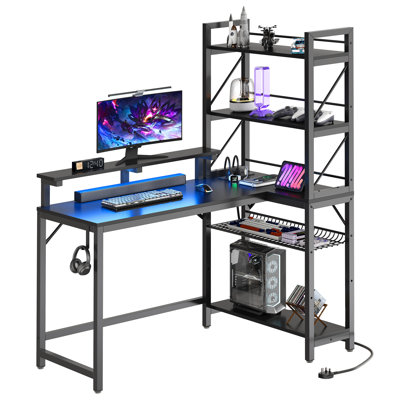 L Shaped Gaming Desk With Power Outlets & Led Lights ,106cm Reversible Computer Desk With Storage Shelves