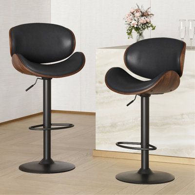 Ensemble de 2 tabourets de bar pivotants en bois cintré à hauteur réglable avec siège, dossier et repose-pieds en similicuir, comptoirs de cuisine modernes pour bar, salle à manger