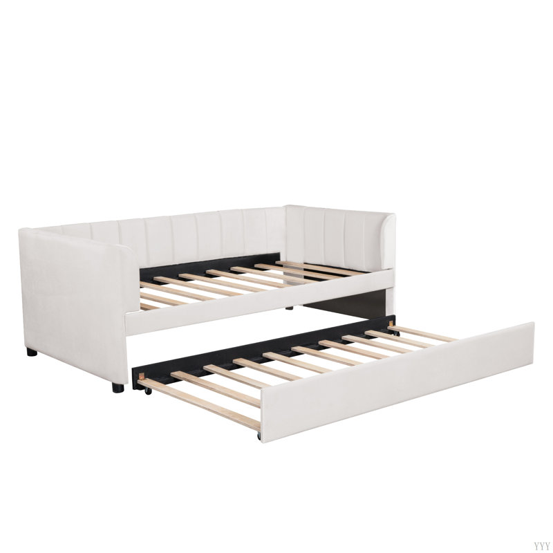 Upholstered Daybed With Ergonomic Design Backrest And Trundle, Beige