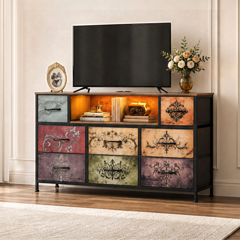 Commode l 47,2 po avec lumières DEL et station de charge pour la chambre à coucher, commode avec structure en acier robuste, meuble télé avec tiroirs en tissu pour chambre d'enfant et salon