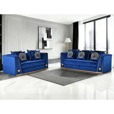 2-Piece Velvet Sofa Set With Gold Metal Legs & Pillows For Living Room(Set Of 2) by Mercer41