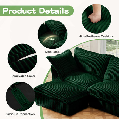 Ensemble de 2 fauteuils profonds déhoussables, fauteuils club modernes en velours côtelé avec jupe cascade et coussins moelleux pour salon et chambre