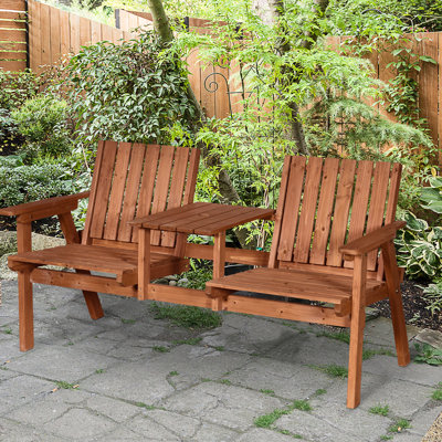 Wooden Bench For Outdoor Spaces With Middle Table And Umbrella Hole, Patio Bench, Orange. Stay Cool Slatted Design. 27.5" Width X 32.75" Height Orange Garden - & Hole Stylish Practical Wood Patio,