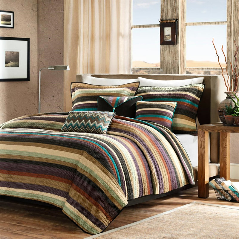 Courtepointe réversible pour lit simple / simple TG, microfibre, rayures bleu sarcelle mauve, motif zigzag rayé pour coussins multicolores avec fonction, fines rayures,