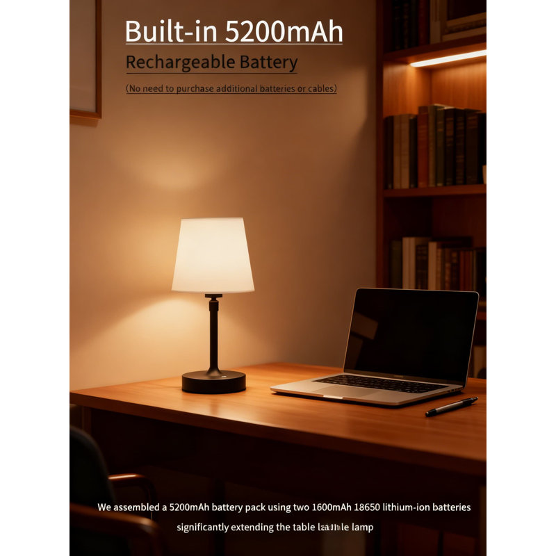 Lampe de table rechargeable avec gradation continue, pile 5200 mah, commande tactile et hauteur réglable pour la chambre à coucher, la cuisine et l'extérieur
