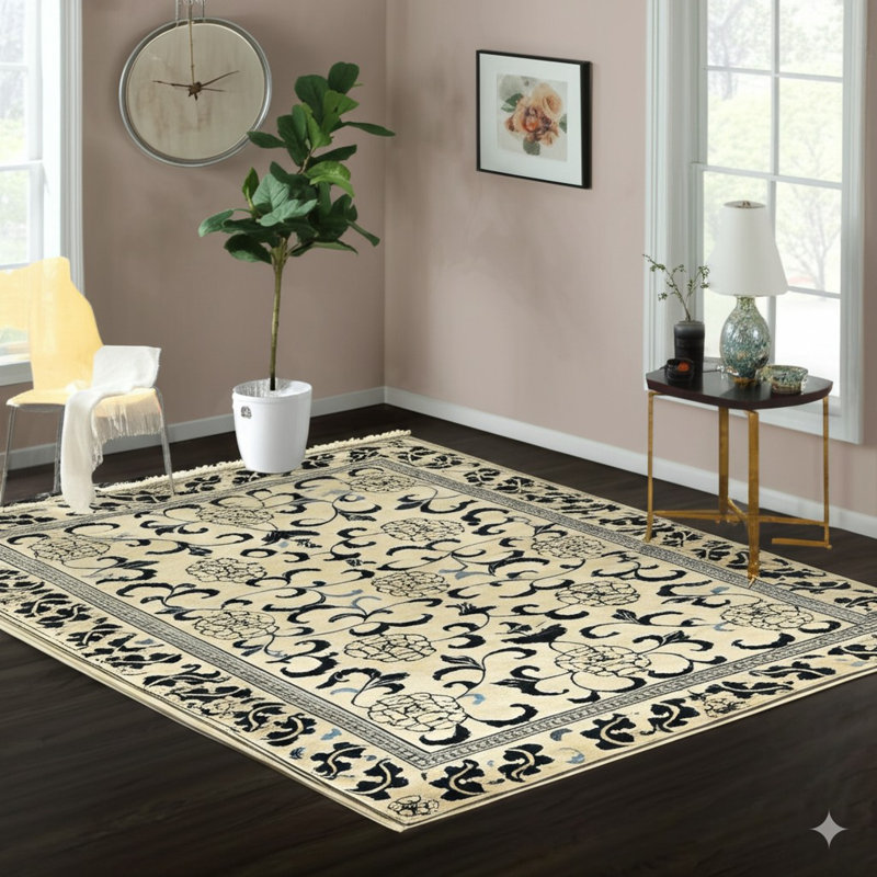 Tapis doré en laine noué à la main Emmylou, Rectangle 6 pi x 9 pi