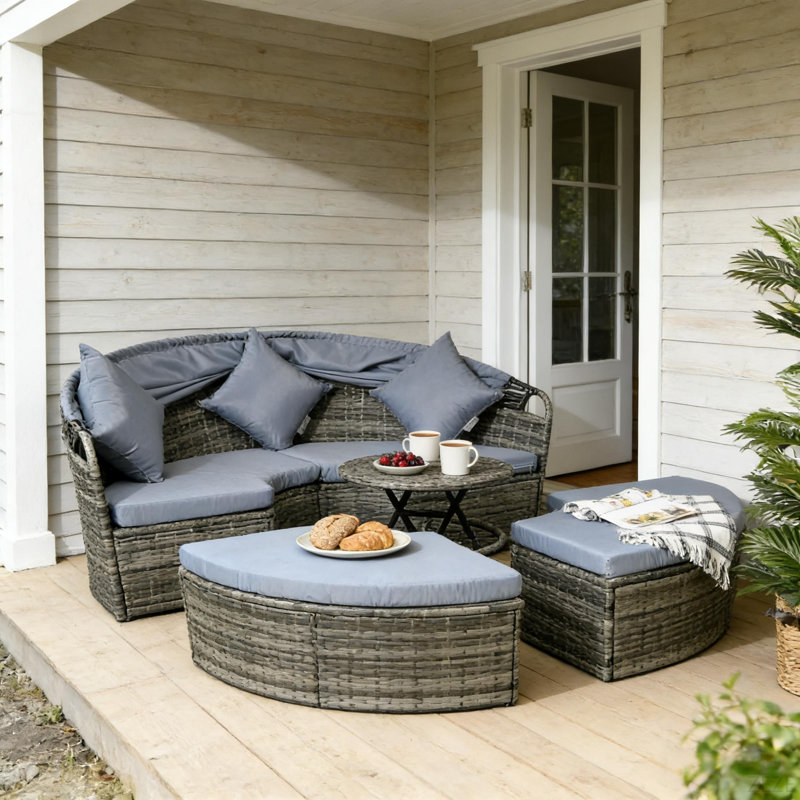 Ensemble de conversation près de la piscine, ensemble de mobilier modulaire de patio, lit de jour rond en rotin 4 pièces