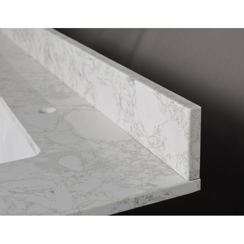 Plan de toilette double rectangulaire en quartz blanc de 155 x 56 cm avec lavabo encastré en céramique et dosseret de 10 cm.