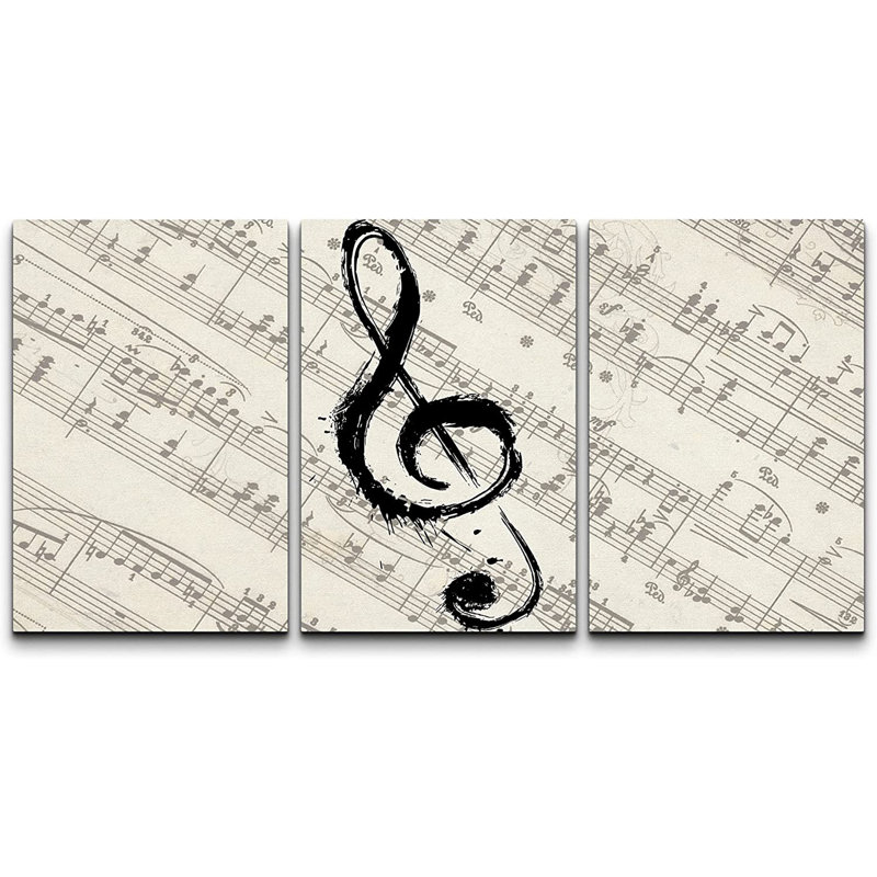Music Note on Score Paper Musical Room Decor Gallery Wrapped Canvas 3 Piece Print Set Wall Art, 16" H x 24" W x 5.75" D