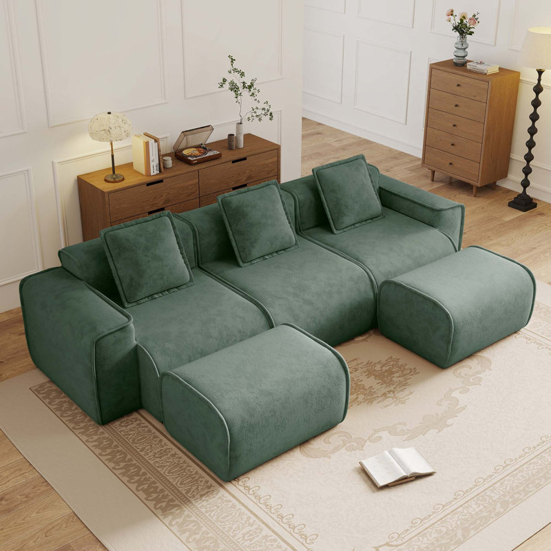 Canapé modulaire en velours 3 places avec coussins décoratifs et 2 repose-pieds, Green Velvet, 31.1" H x 108.66" W x 59.84" D