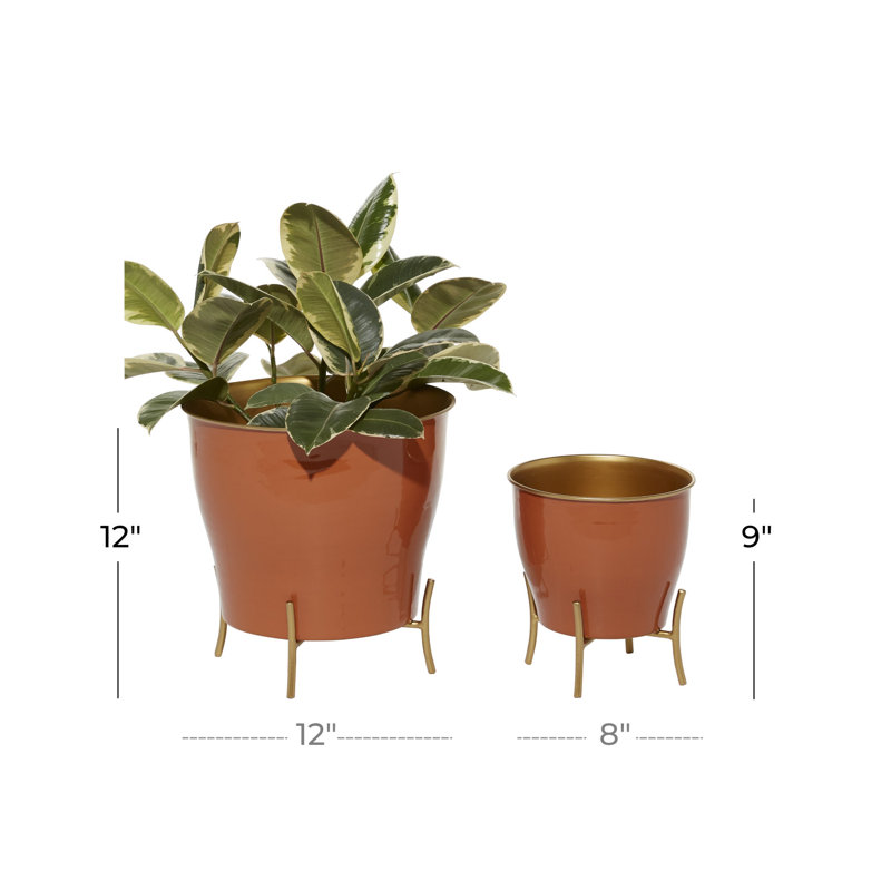 Novogratz Burnt Orange Iron Round Planters with Gold Stands, Set of 2