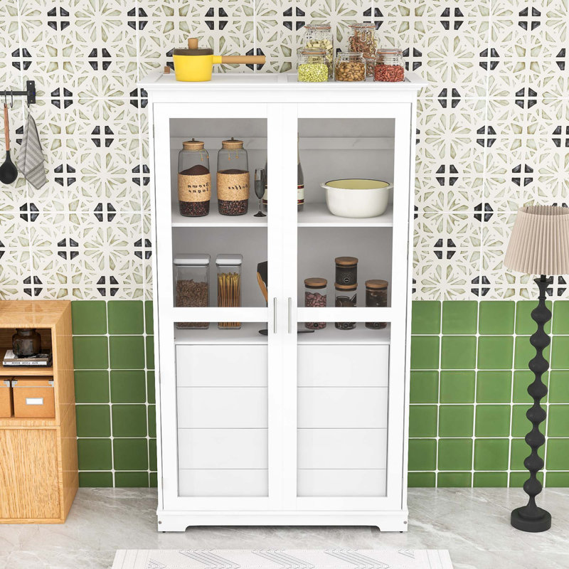 Garde-manger 4 tiroirs avec tablette et portes en verre, Blanc