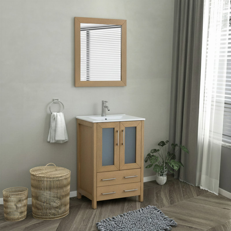  24" W Single Bathroom Vanity Set with Mirror, Natural Oak