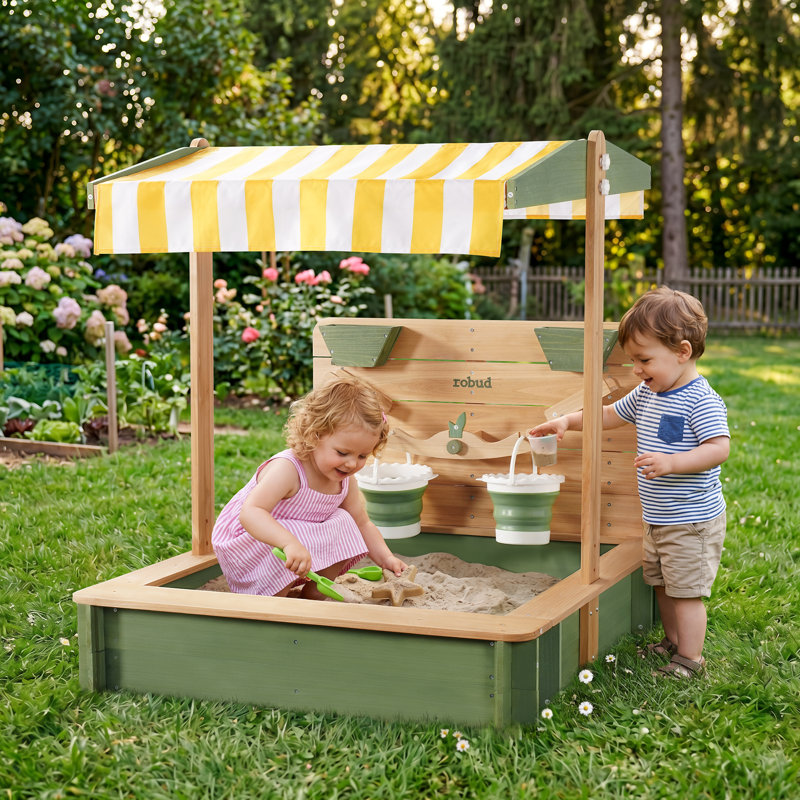 Kids Wooden Outdoor Sandbox with 180° Adjustable Canopy, Balance Scale, Funnels, 3-Sided Seating, Ground Liner & Durable Tarp, Outdoor Sand Box for Backyard Garden
