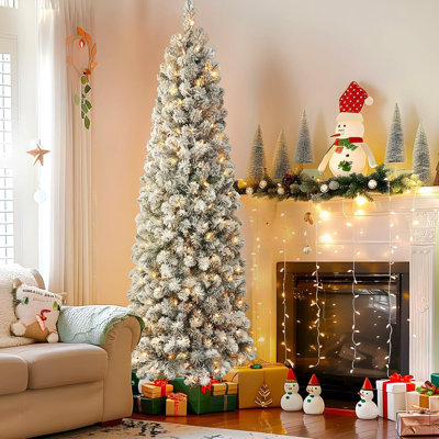 Arbre de Noël à crayons 7,5 pi, arbre artificiel floqué pré-éclairé avec lumières à DEL blanc chaud, arbre de Noël mince avec base en métal robuste et pliable, pour la décoration intérieure et extérieure des Fêtes - neige floquée