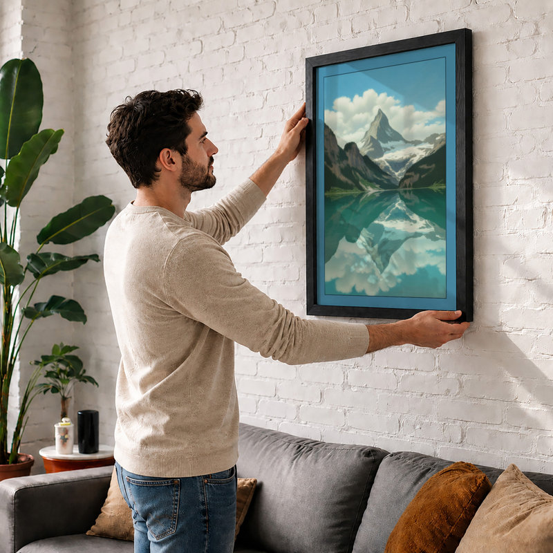 Mountain at Sunrise Scandinavian - Framed Print, A1 - 84.1 x 59.4 cm, Black