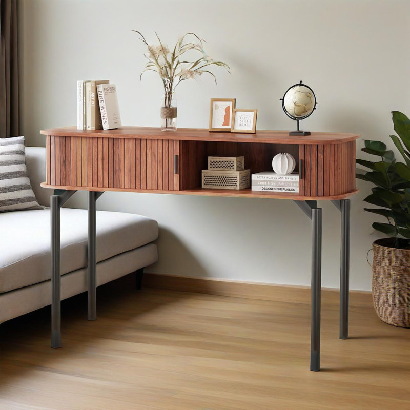 Console Table With Storage,wood Sofa Console Table With Sliding Door, Brown Wood