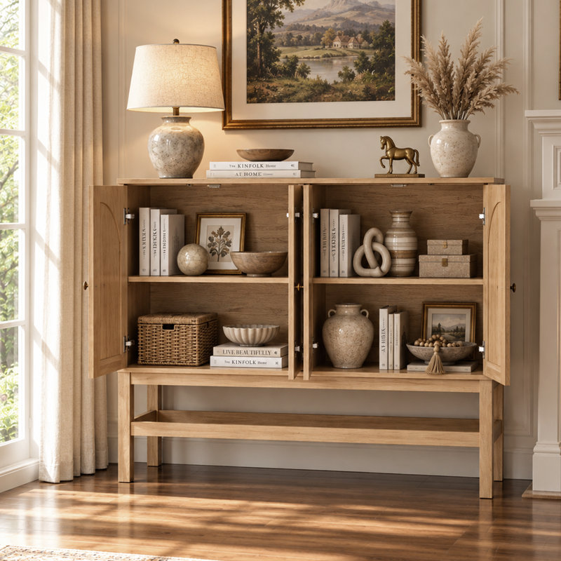 Buffet à arc cannelé de 120 cm de large avec tablette ajustable, Naturel