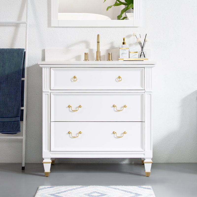 35'' H x 36" W Single Bathroom Vanity With Stain-resistant Carrera White Quartz Top and Single Sink, White