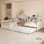 Lit de jour simple en L en forme de L avec lit gigogne sous le lit et tiroir de rangement, cadre de lit d'angle polyvalent avec bibliothèques pour 3-945401634