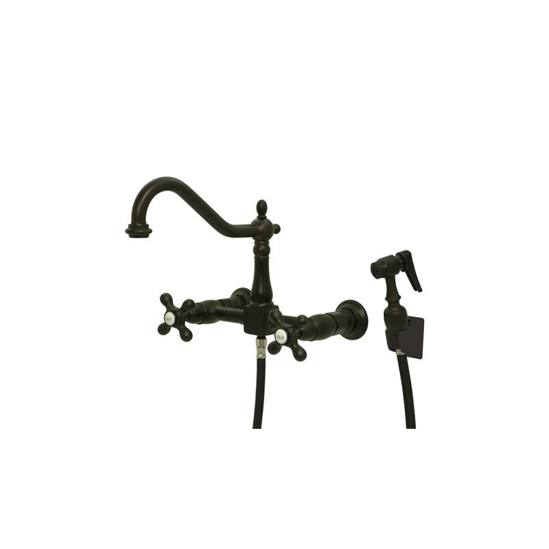 Heritage Double Handle Wall Mount Bridge Kitchen Faucet with Metal Cross Handles and Side Spray, Oil Rubbed Bronze