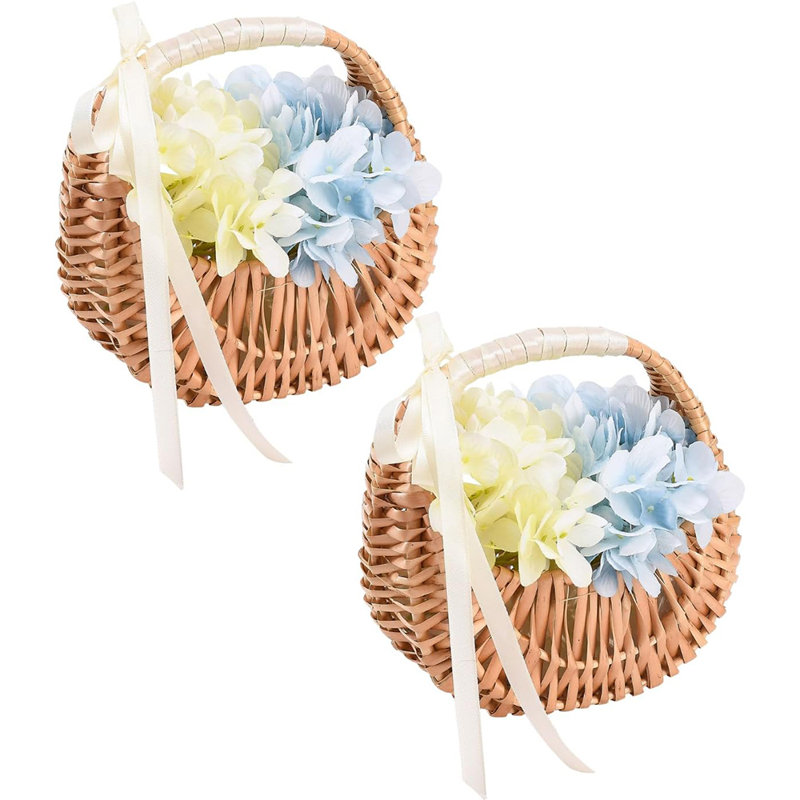2 PCS Unique Half Moon Rattan Basket, Wicker Flower Basket with Handle and Ribbons, Woven Storage Basket for Wedding and Birthday Party Decor, Adorable and Rustic