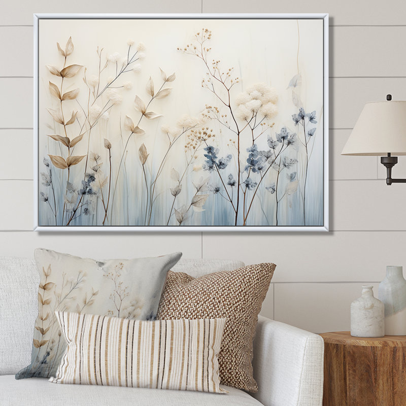 Beige et herbes bleues harmonie minimale - art mural herbes pour le salon, Cadre naturel flottant, 30" H x 40" W