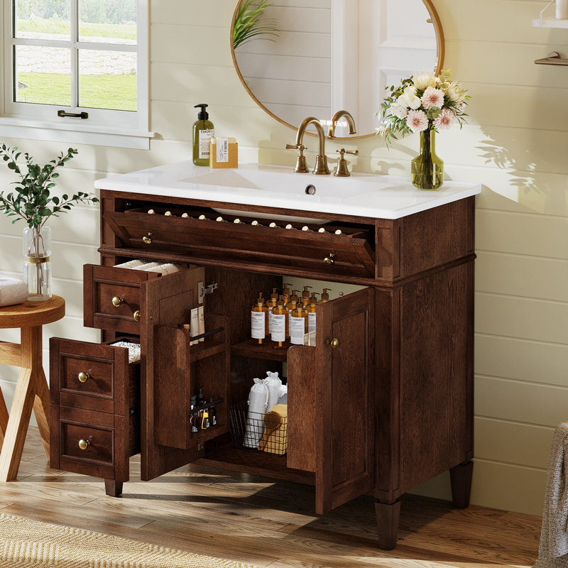 Meuble-lavabo simple 36 po avec comptoir 36 po, Brun