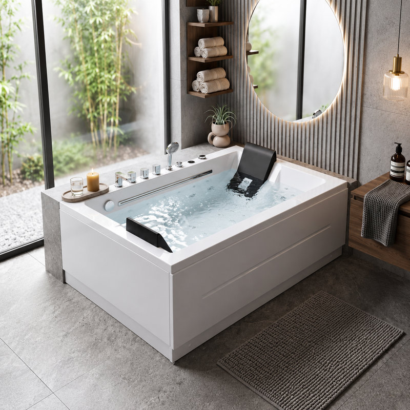 71" Acrylic Whirlpool Bathtub 2 Person Whirlpool Tub with Inline Heater, Air Massage, LED Lights White Spa Corner Bathtub & Computer Panel