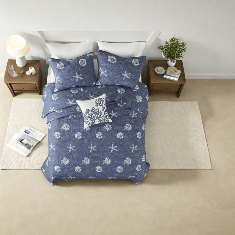 Premium Cotton Reversible Bedding Sets, Embroidered Coastal Navy King