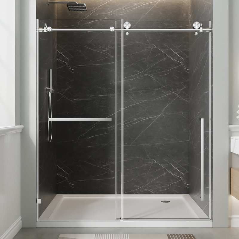 56"-60" W X 78" H Frameless Single Sliding Shower Door, Brushed Nickel Bathtub Door, 3/8" (10Mm) Clear Tempered Glass With Explosion-Proof Film, Stainless Steel Handle
