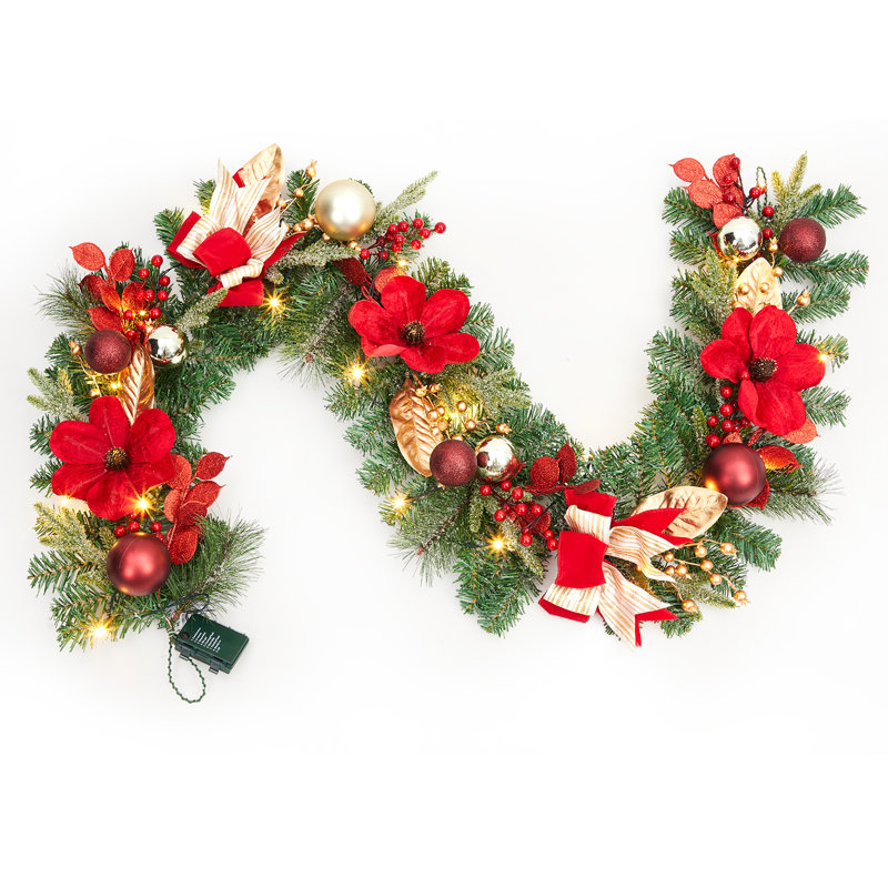 Couronne de Noël artificielle 6 pi pour porte d'entrée avec lumières DEL, boules rouges et fleurs