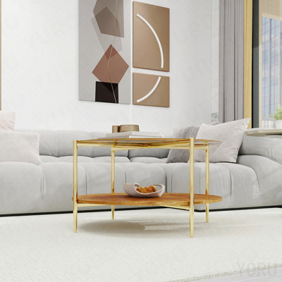 Modern Gold Round Double-Layer Coffee Table - Tempered Glass, 32.28 Inch Diameter