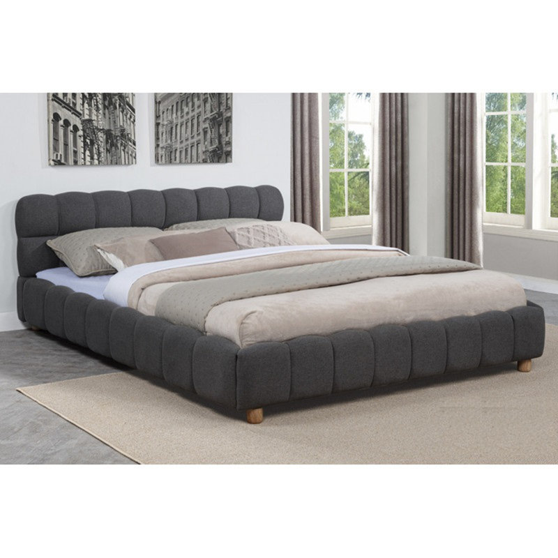 Structure de lit plateforme moderne grand lit, lit tapissier en tissu à profil bas, gris
