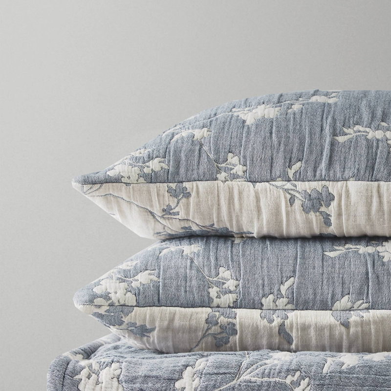 Catalina Botanical 3 Piece Jacquard Cotton Gauze Quilt Set, Full/Queen, Navy
