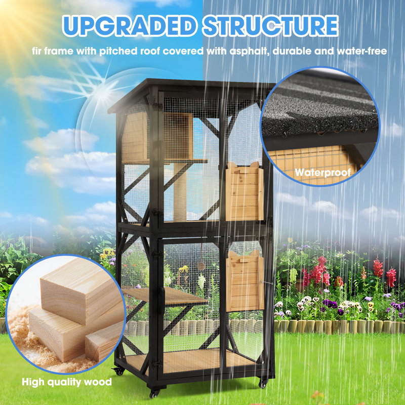 Black and Natural 4-Tier Outdoor Wooden Cat House with Wheels