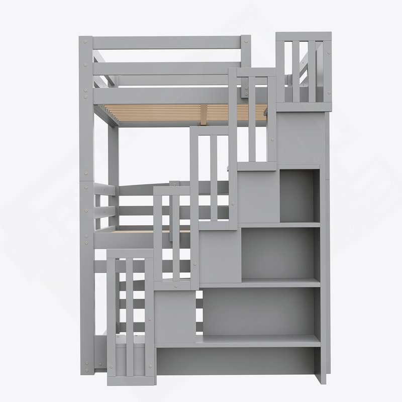 Lit superposé triple double avec escalier de rangement, conception séparée, gris