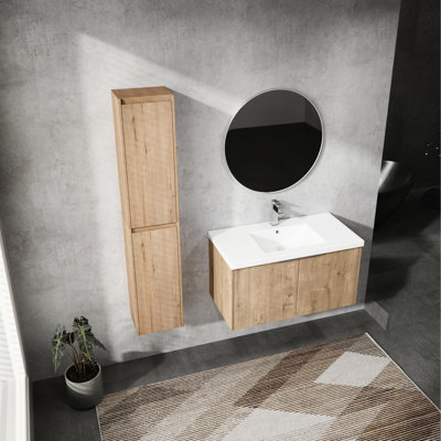 36" Bathroom Vanity With Resin Basin And Side Cabinetry - - Build Elegant Design Stylish Sink Compartment Imitative Oak Functional