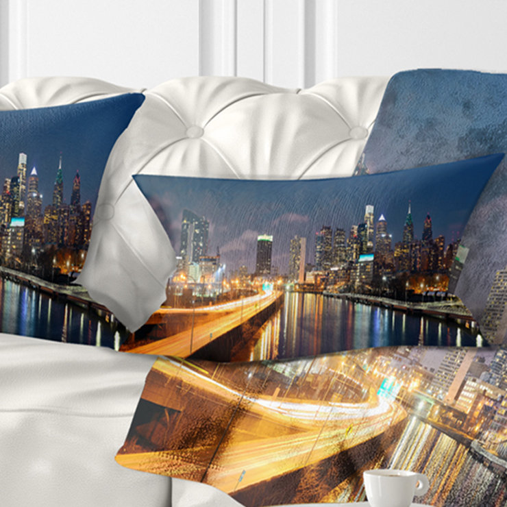Coussin Philadelphia Skyline at Night, 12 po x 20 po, Coussin lombaire
