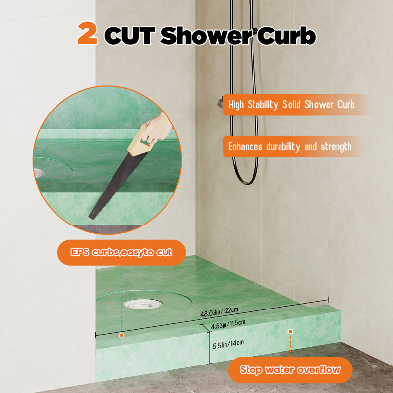 48" x 48" Shower Curb Kit with Tray, Membrane, Seals, Bonding Flange & Installation Tools – Center Outlet, Green
