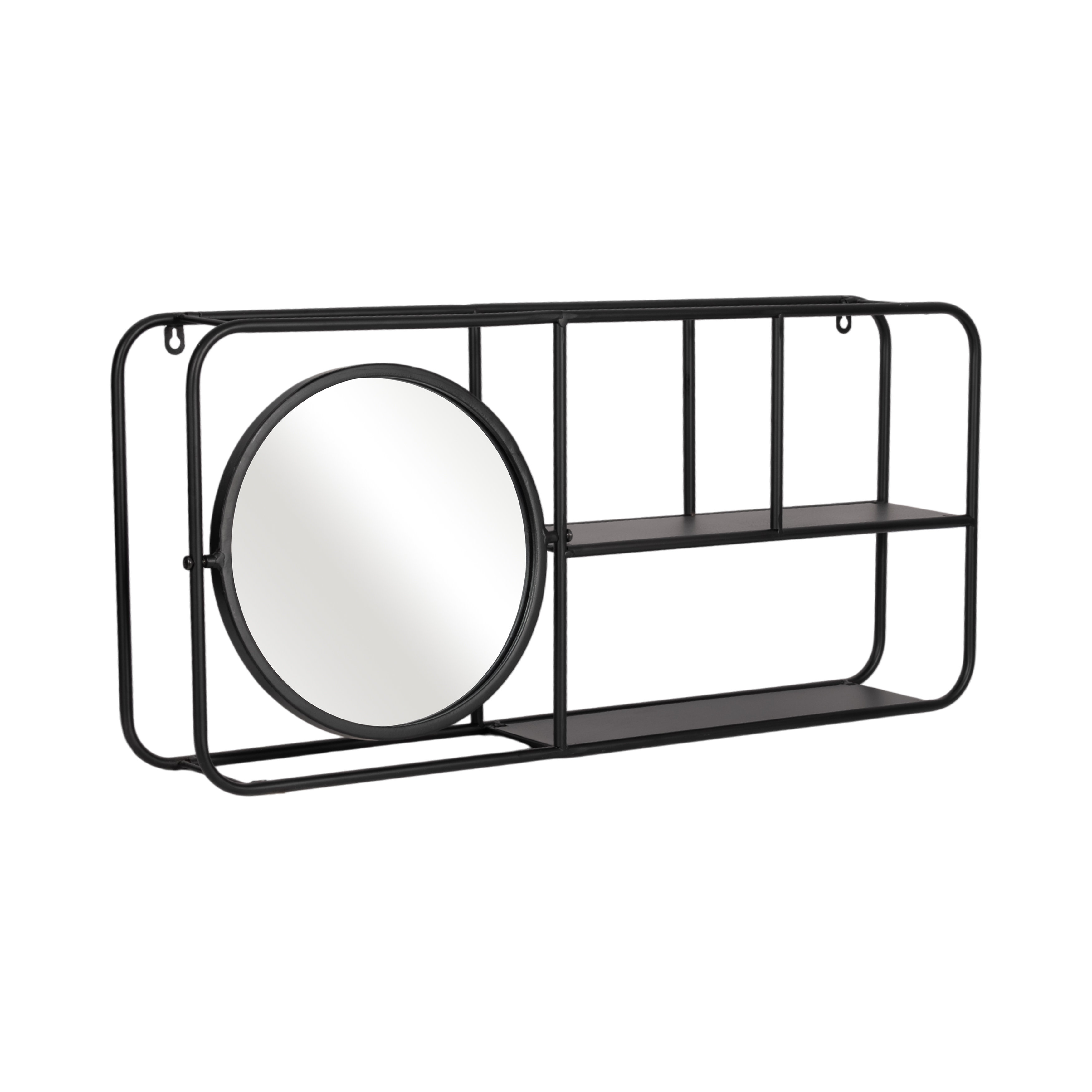 Latitude Run® Oval Wall Shelf with Mirror, Black Iron and Wood Finish