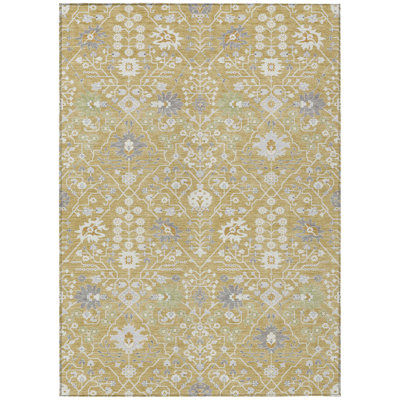 9' X 12' Gold Ivory And Gray Oriental Washable Indoor Outdoor Area Rug