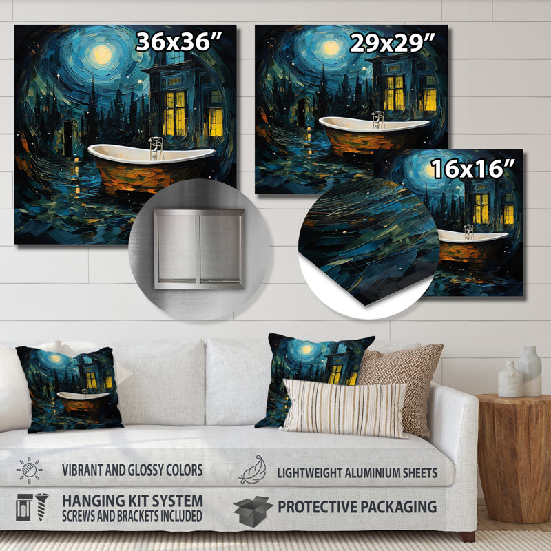 «Blue Starlight Bathroom II», art mural animal corbeau en métal, H 16 po x l 16 po