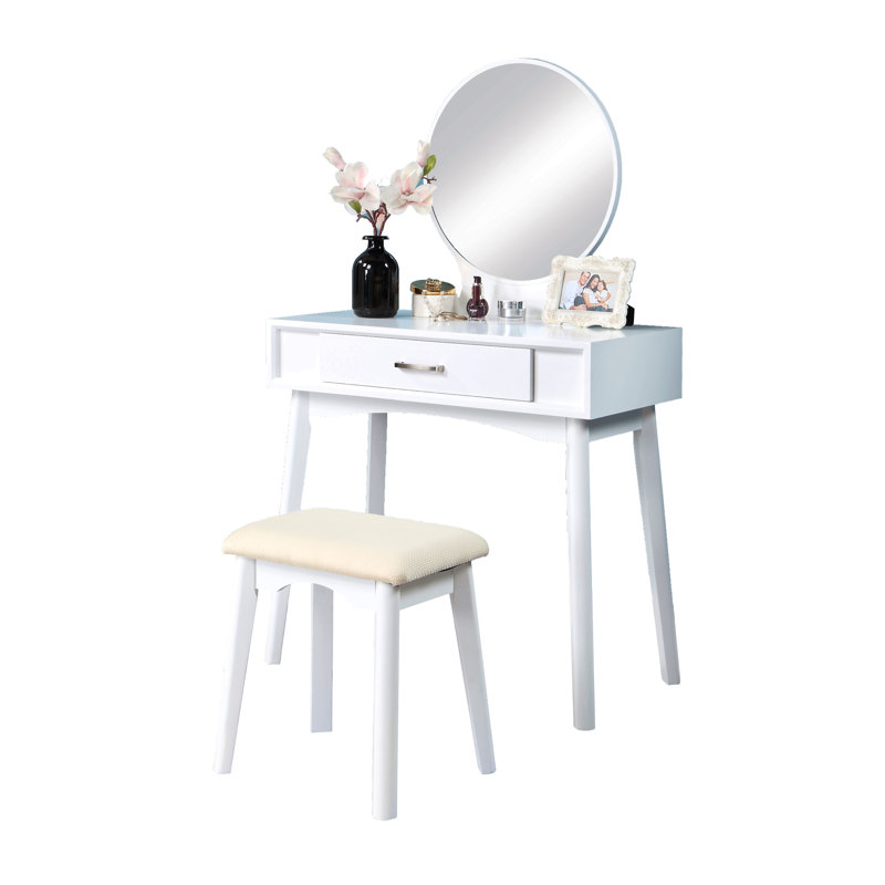 Contemporary Wood Vanity And Stool Set, White