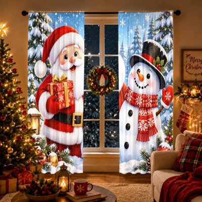 2Pcs Festive Santa Snowman Winter Scene Curtains Light Filtering Rod Pocket Window Drapes for Living Room Bedroom Kitchen Holiday Decor outdoor decor Home Decor and accessories