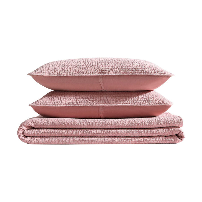 Nautica Seashore Stitch Cotton Reversible Pink Quilt Set, King Quilt + 2 King Shams, Pink