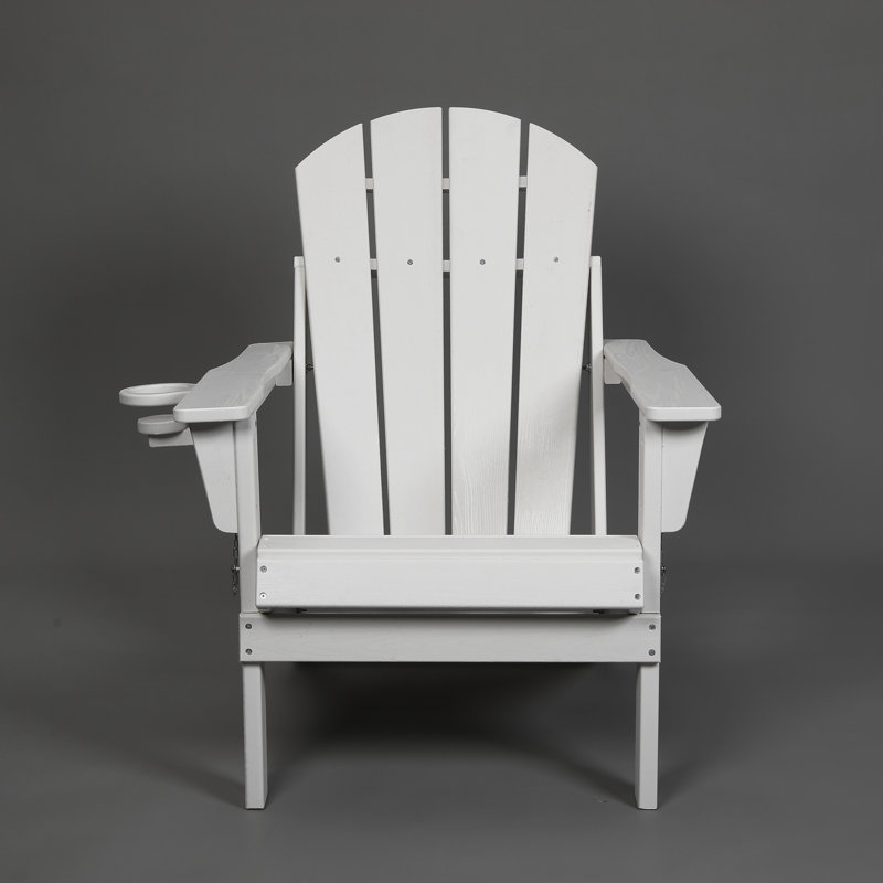 Weatherproof HDPE Folding Adirondack Chair w/ Cup Holder - White Wood-Textured Outdoor Chair